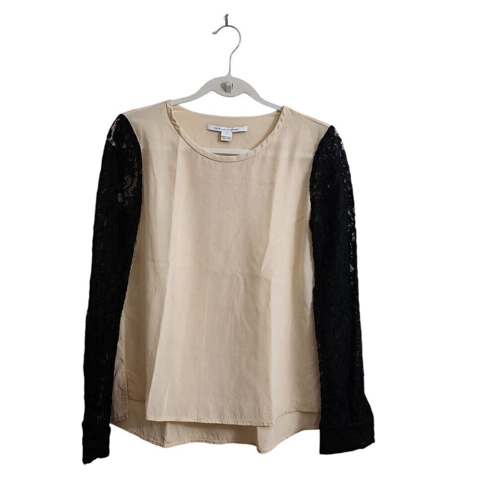 Diane Von Furstenberg Blouse 6 Cream Louisa Black Lace Sleeve Silk‎ DVF Top